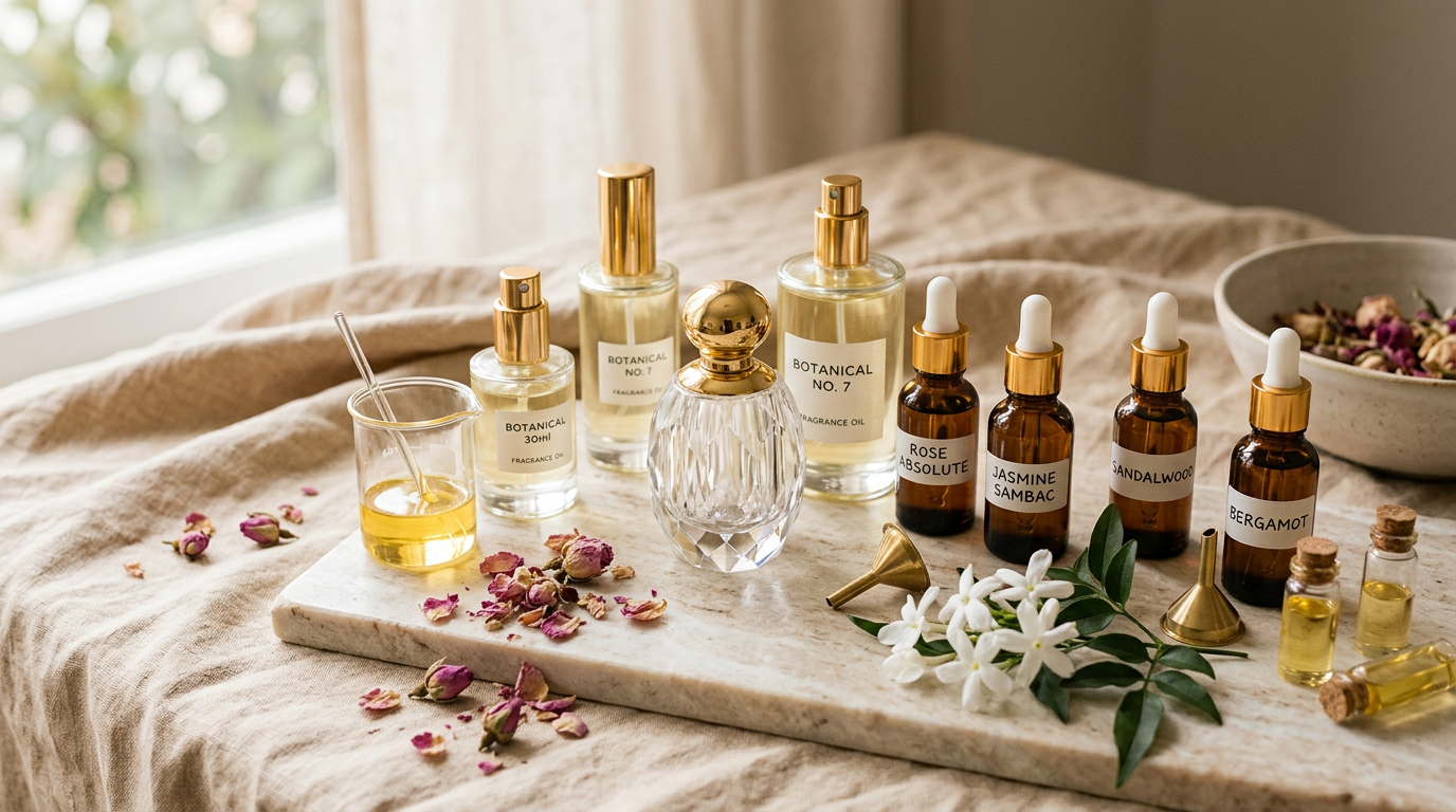 Frascos de perfume, goteros ámbar y esencias sobre una mesa de mármol