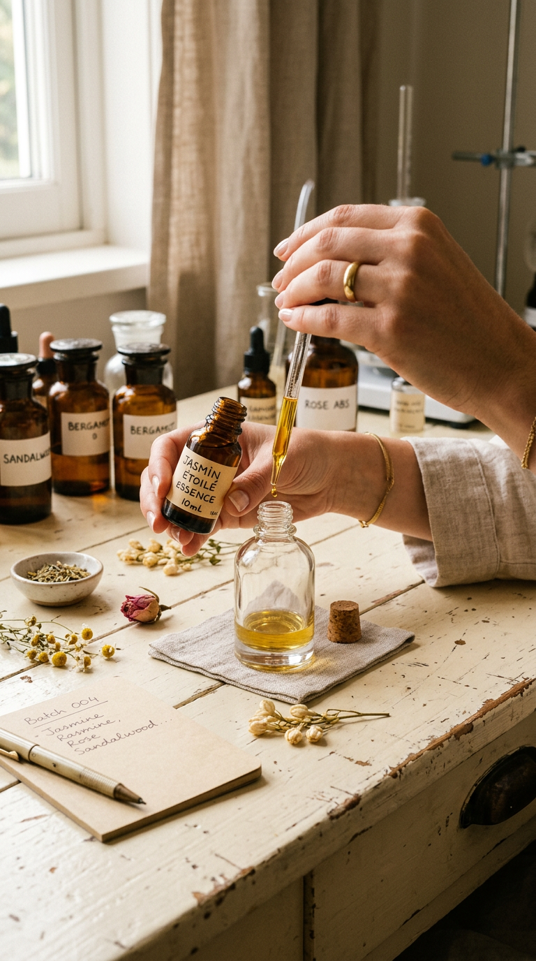 Manos de un perfumista vertiendo esencia en un frasco de vidrio